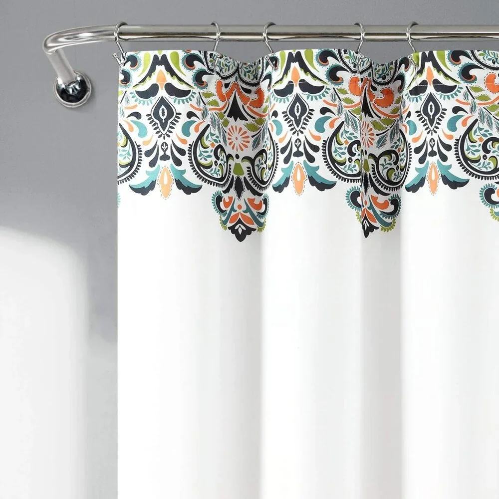 Boho Bohemian Moroccan Design Navy Orange Fabric Luxe Shower Curtain NEW PACKAGE